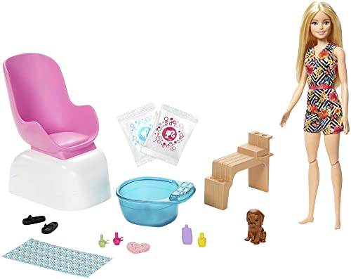 Barbie Conjunto de Juego SPA y salón de Belleza, muñeca Rubia, Perrito,...