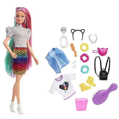 Barbie Pelo Arcoiris Muñeca rubia con falda de guepardo y accesorios de...